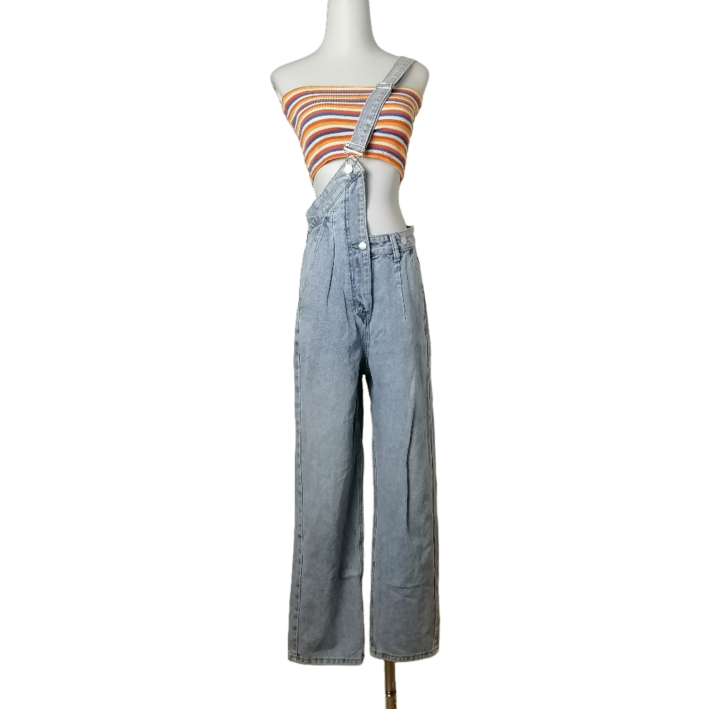 💠 S/M, light steel blue high waist one shoulde wash denim overalls